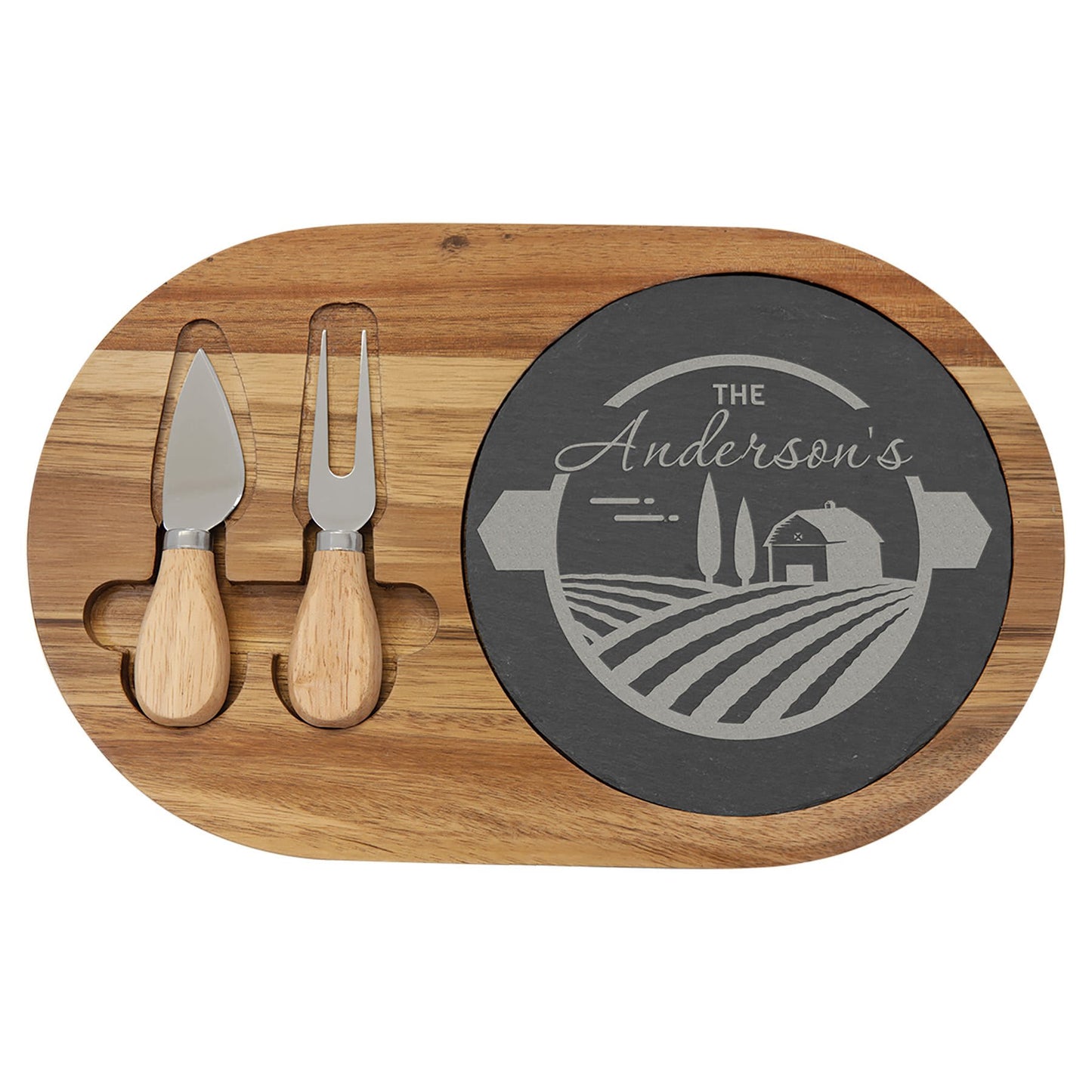 12 1/2" x 7 3/4" Acacia Wood/Slate Oval Cheese Set