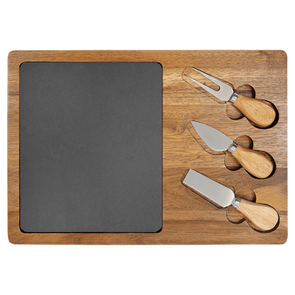 13 3/4" x 9 3/4" Acacia Wood/Slate Rectangle Cheese Set