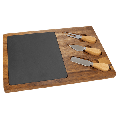 13 3/4" x 9 3/4" Acacia Wood/Slate Rectangle Cheese Set